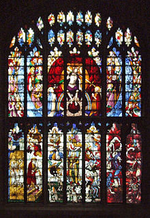 "Great West Window", Fairford Church, depicting the Last Judgement and related scenes. One of the 28 magnificent Fairford stained glass windows installed in his church by John Tame Fairford st mary 011 brighter.jpg