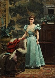 Portrait de femme en robe bleue dans son intérieur, huile sur toile, collection privée