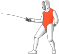 A foil fencer.  Valid target (the torso) is in red.