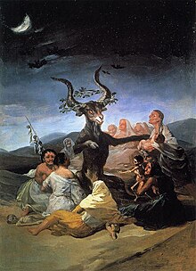 The devil in the form of a goat is surrounded by a coven of disfigured, aging witches in a moon-lit, barren landscape. The goat possesses large horns and is crowned by a wreath of oak leaves. He acts as a priest at the initiation ceremony of an emaciated infant held in the hands of one of the witches. The body of another infant lies dead nearby, while bats fly overhead.