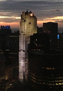 Broadway Video's headquarters in Rockefeller Center GE Building at dusk.jpg