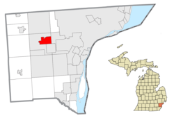 加登城在韋恩縣及密歇根州的位置（以紅色標示）