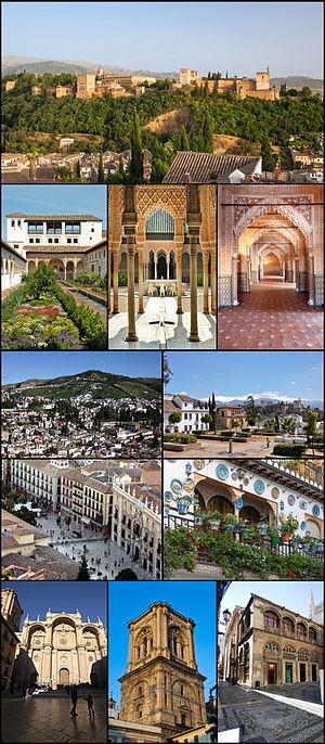 De cima para baixo e da esquerda para a direita: 1) palácio da Alhambra; 2) Generalife; 3) Pátio dos Leões; 4) Sala dos Reis; 5) vista dos bairros históricos do Albaicín e do Sacromonte; 6) Huerto del Carlos, com a Alhambra e a Serra Nevada ao fundo; 7) Plaza Nueva; 8) fachada no Albaicín; 9) fachada da catedral; 10) campanário da catedral; 11) Capela Real