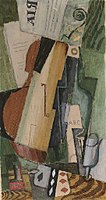Housle, lahev a karty. Podepsáno a datováno Marcoussisem, 1919. Kvaš, akvarel, uhel na papíře, 45,8 × 24,5 cm, rok 1919