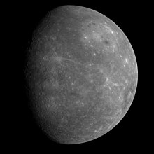 Photograph of Mercury from MESSENGER's first flyby of the planet, showing many previously unknown features MESSENGER first photo of unseen side of mercury.jpg