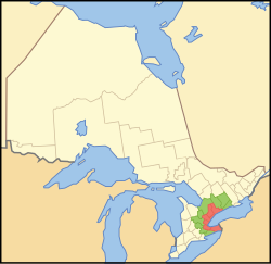 Location of the Golden Horseshoe in Ontario.██ Core area ██ Extended area