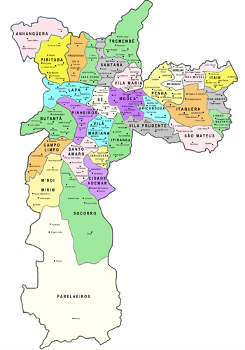 Mapa da divisão política do município de São Paulo.