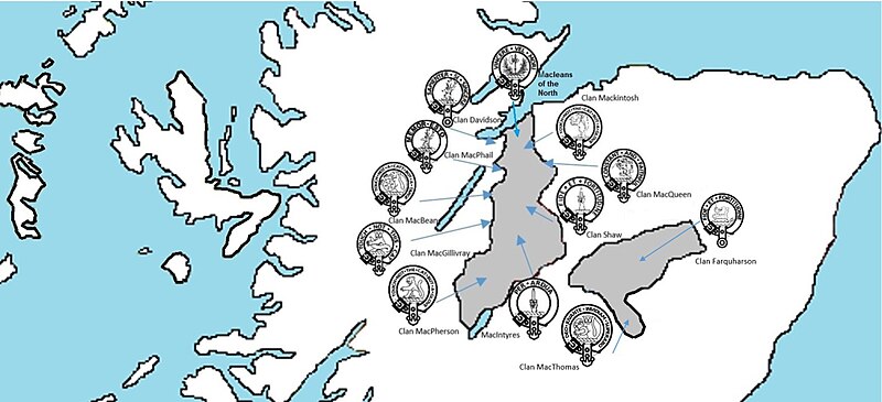 Members of Clan Chattan throughout the confederation lands. Note: Clan boundaries were known to change constantly and were not static. This is a general map of Clan Chattan lands at their greatest extent. This map also does not include any temporary Mackintosh lands in the Lochaber district. Members of Clan Chattan v3.jpg