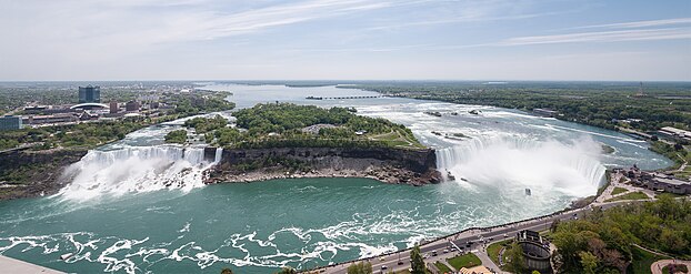 Die amerikanischen und kanadischen Niagarafälle vom Skylon Tower aus gesehen, dazwischen Goat Island