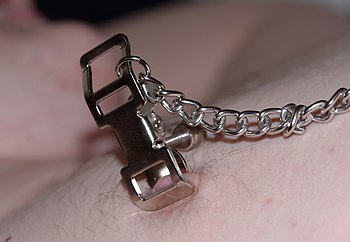 English: A nipple clamp clamping a man's nipple.