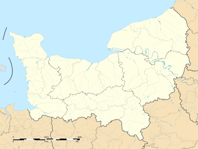 Mapa konturowa Normandii, u góry po lewej znajduje się punkt z opisem „Barfleur”