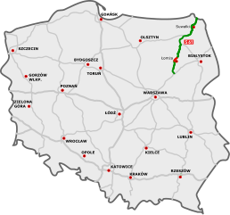 Напредак на аутопуту S61 у Пољској, који води до Сувалкског коридора, април 2024. Зелена боја: отворено, црвена боја: у изградњи.