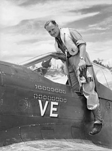 Full-length portrait of pilot smiling at the camera as he emerges from cockpit of single-engined monoplane with a number of black crosses and the letters "VE" prominently displayed on the fuselage