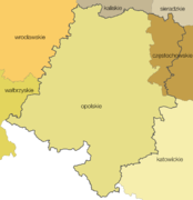 Voivodeships between 1975 and 1998 superimposed over the current borders of the Opole Voivodeship