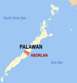 Mapa ng Palawan na nagpapakita sa lokasyon ng Aborlan.