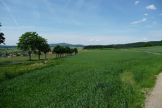 Blick nordwestwärts über die Windflach bei Hammerbichl und Schenkenfelden, hinten der Sternstein