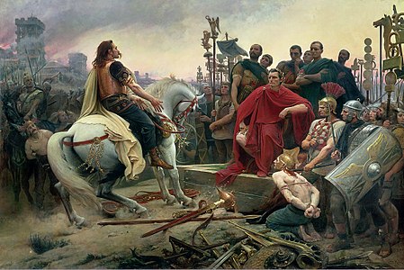 Arvernilerin lideri Vercingetorix'nin, MÖ 52'deki Alesia Muharebesi sonrasında Romalı komutan Jül Sezar'a teslim olmasını tasvir eden Lionel Royer'in 1899 tarihli tablosu. Tablo günümüzde Crozatier Müzesi'nde sergilenmektedir.