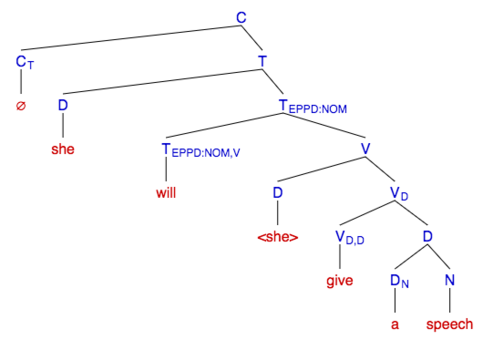 This is a tree of the same sentence as the X-bar theory syntax tree right above; however, this one uses BPS along with selection features. Syntax tree - 2020-12-18T192300.216.png