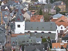 Unionskirche in Idstein held by the Protestant Church in Hesse and Nassau. It commemorates the union of Lutheran and Reformed Protestants in the Duchy of Nassau in August 1817, the first of its kind and a month before the Prussian Union in September of the same year. Unionskirche Idstein.JPG