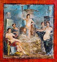 Dionysus (Bacchus) with long torch sitting on a throne, with Helios (Sol), Aphrodite (Venus) and other gods. Fresco from Pompeii.