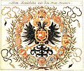 Kaiserwappen, die Wappen der habs­burg­ischen Erb­lande rund um den doppel­köpfigen Reichs­adler angeordnet Siebmacher 1605
