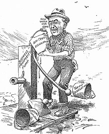 In a 1913 cartoon, Wilson primes the economic pump with tariff, currency and antitrust laws Woodrow Wilson Priming the Prosperity Pump, 1914 political cartoon by Berryman.jpg