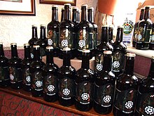 Display of Yorkshire Warrior Beer Bottles, in the New Inn at Cropton, on the launch day. Yorkshire Warrior Beer Bottles(RLH).JPG