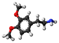 Ball-and-stick model of the 3,4-dimethoxyphenethylamine molecule{{{画像alt2}}}