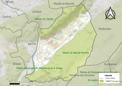 Carte des ZNIEFF de type 2 sur la commune.