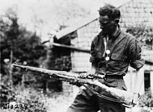 Camouflaged M1903 Springfield sniper's rifle with Warner & Swasey telescopic sight in France, May 1918 American First World War Official Exchange Collection Q103350.jpg