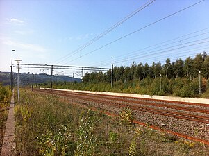 Bild av perrong före invigning av Båstads station. Denna hade vuxit igen på grund av det försenade färdigställandet av förbindelsen genom Hallandsåstunneln. Bild från 2011.