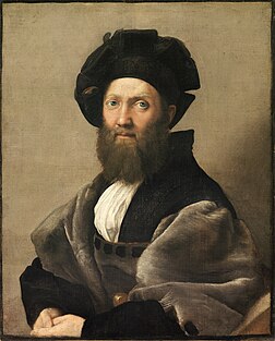 Portrait de Baldassare Castiglione peint par Raphaël (1514-1515, musée du Louvre, Paris). (définition réelle 15 566 × 19 363)