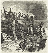 Creek forces were defeated at the Battle of Horseshoe Bend, bringing an end to the Creek War. Battle Horseshoe Bend 1814.jpg