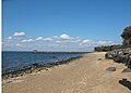 View at low tide looking north along the coast and across Long Island Sound, at Welwyn Preserve, Glen Cove, Long Island, New York, USA, October 2014