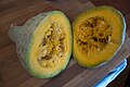 A cut open blue hubbard squash.