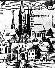 Hans Weigel 1564: Nordturm mit fensterlosen Giebel-Dreiecken an der Basis des hohen spitzen Dachs, Südturm mit großem Kreuz auf dem Kreuzdach mit vier Giebeln, vordergründige Angleichung der ungleichen Türme, Schiff vereinfacht