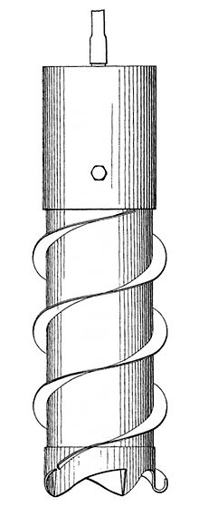 Drawing of a cylinder with two helical flanges around it and cutting teeth at the bottom