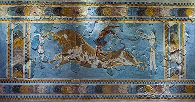 The Bull-Leaping Fresco from Knossos showing bull-leaping, c. 1450 BC; probably, the dark skinned figure is a man and the two light skinned figures are women Bull leaping minoan fresco archmus Heraklion (cropped).jpg