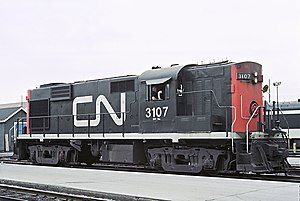 CN 3107 (MLW RS-18 in leichter Ausführung mit kurzen Drehgestellen ohne Sekundärfederung) in der London Station (Ontario) im Juli 1966