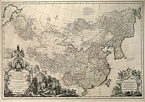 A 1734 Asia map, including China, Chinese Tartary, and Tibet, based on individual maps of the Jesuit fathers. Carte la plus generale et qui comprend la Chine, la Tartarie Chinoise, et le Thibet (1734).jpg
