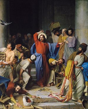 Jesus casting out the money changers at the temple