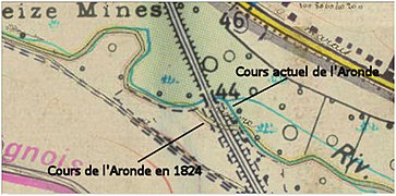 Détournement du cours de l'Aronde. Superposition du cadastre napoléonien de 1824 et de la carte IGN de 1995.