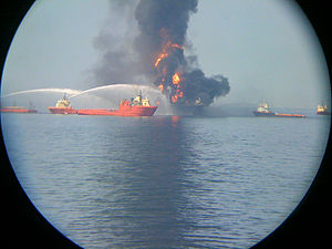 Fire on the offshore drilling rig Deepwater Ho...