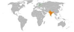 Карта с указанием местоположения Эстонии и Индии