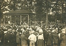 Debs, at center, delivering the speech in Canton, Ohio, for which he was prosecuted Eugene Debs speech in Canton.jpg