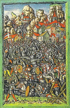Битва при Джорнико. Миниатюра из «Люцернской хроники». 1513 год.