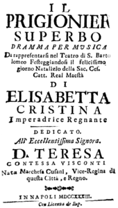 Giovanni Battista Pergolesi – Il prigionier superbo – Titelseite des Librettos – Neapel 1733