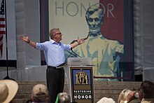 Beck during his religiously themed speech at the Restoring Honor rally on August 28, 2010 Glenn Beck Restoring Honor Hands Out.jpg