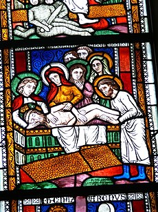 A 13th century version of the Entombment of Christ in stained-glass Gotland-Dalhem Kyrka Glasmalerei 12.jpg