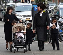 The world's largest metropolitan Hasidic Jewish community resides in Brooklyn. Hasidic Family in Street - Borough Park - Hasidic District - Brooklyn.jpg